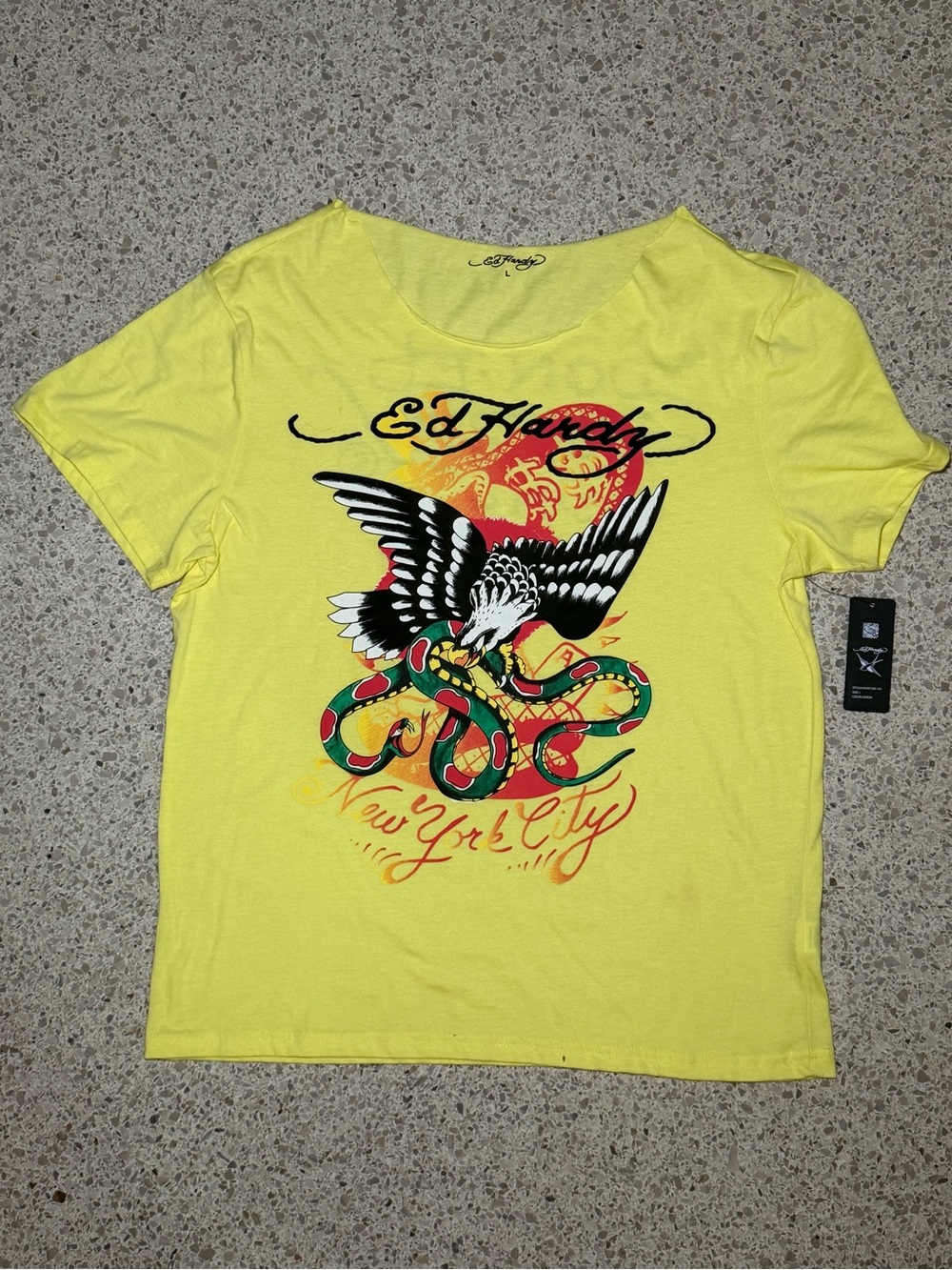 Ed Hardy Yellow Short Sleeve Tee with Eagle & Snake Graphic